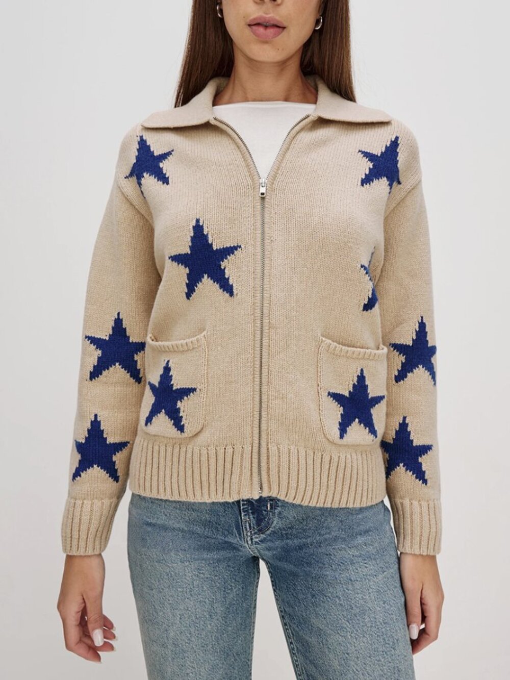 Rails Beige Zip Star Cardigan with Navy Stars